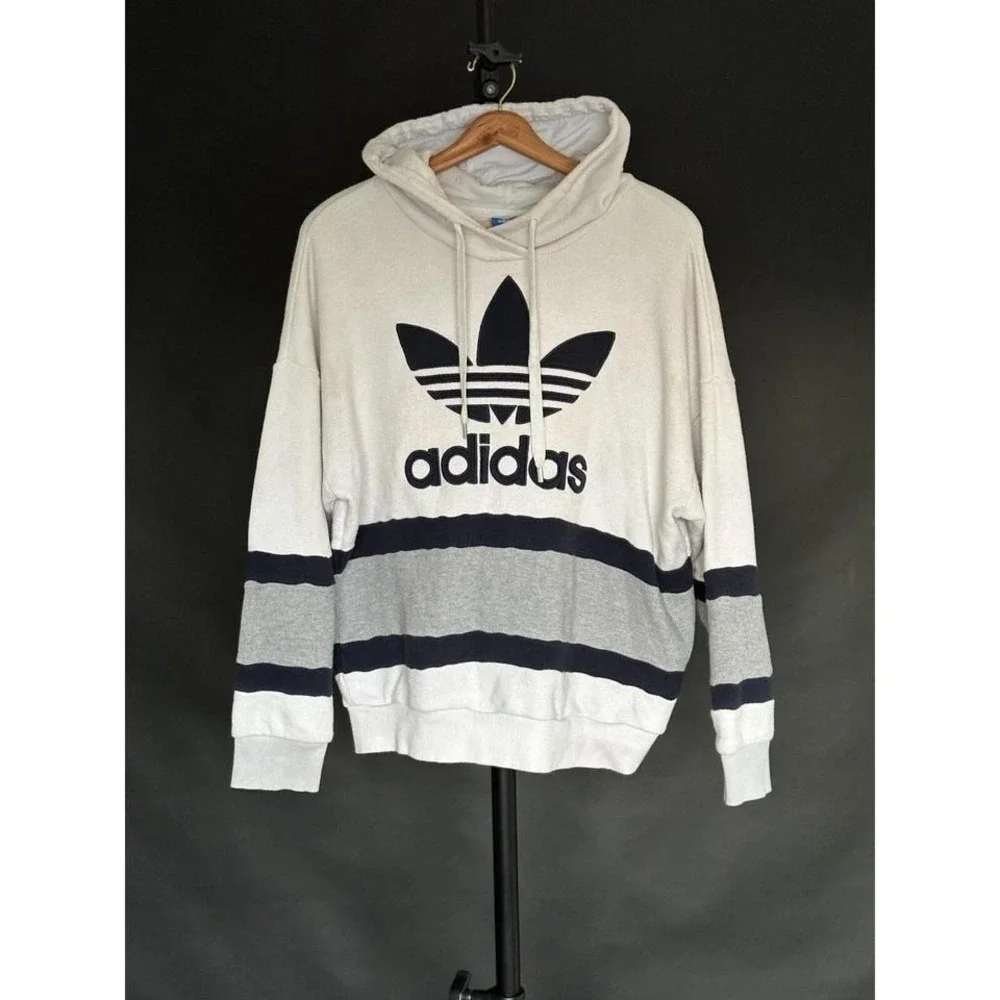 Vintage Adidas Hoodie Made in USA Y2K Thermal Cream Grey Navy‎ Medium 1990s